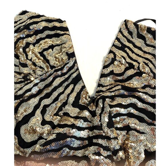 Bebe Black with Swirling Gold Sequins Spaghetti Strap Evening Dress S - Picture 6 of 7